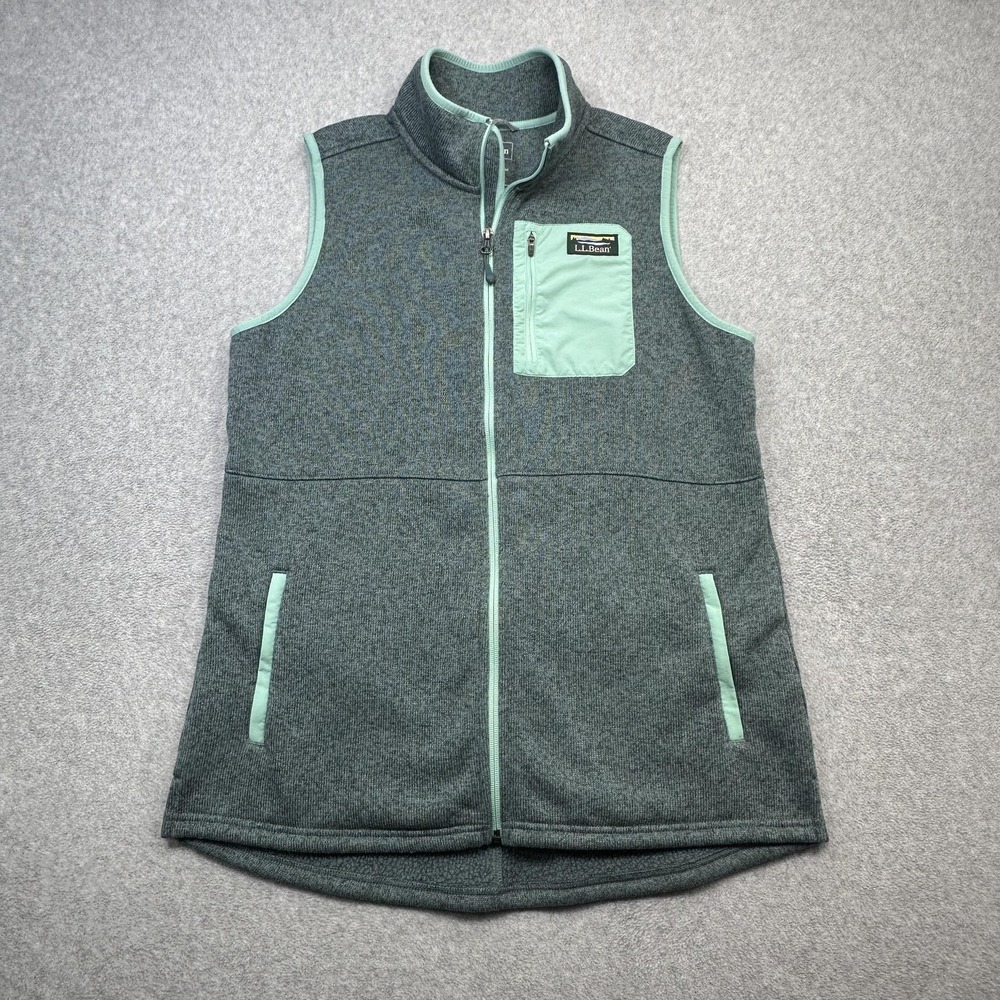 LL Bean Sweater Fleece Long Vest Womens Large Green Zip Pocket Outdoor Casual